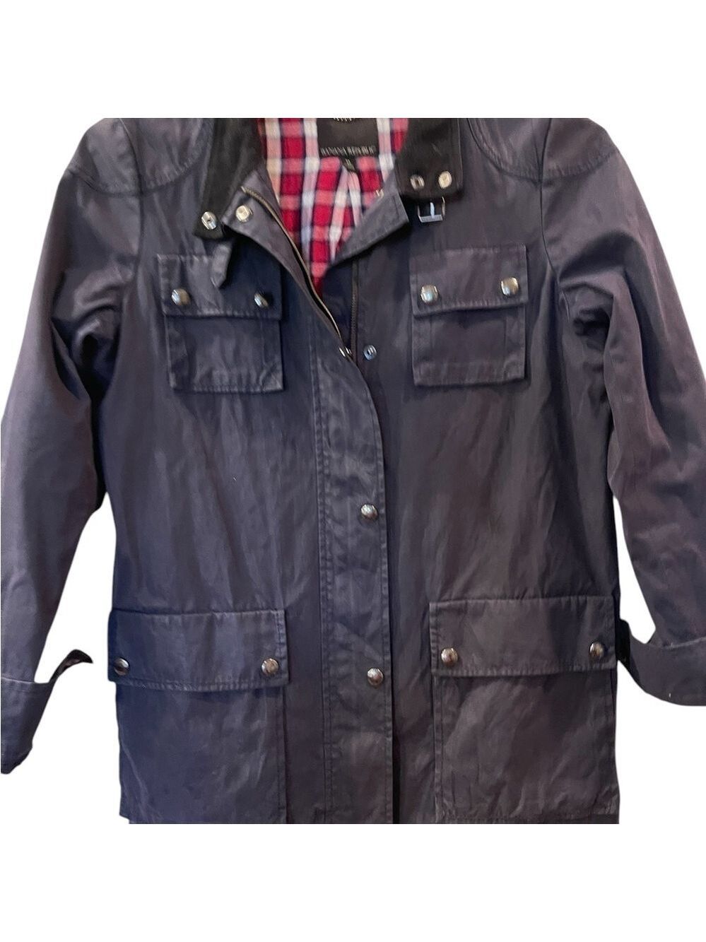 Banana Republic Womens Jacket Blue Waxed Canvas Corduroy Collar Barn Coat Medium - Picture 3 of 7